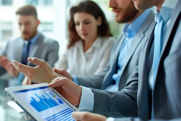 A business man look at financial data with tablet